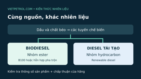 Minh họa hai nhánh nhiên liệu từ dầu và chất béo: biodiesel dạng ester và diesel tái tạo dạng hydrocarbon.